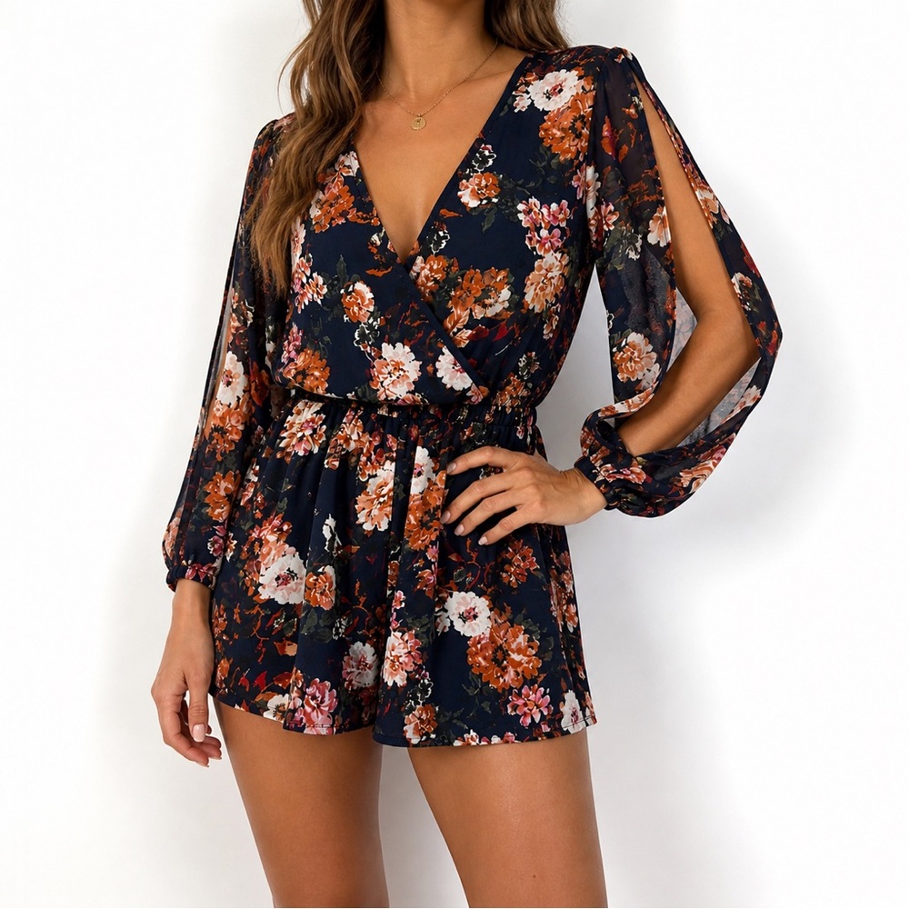 Lulus Floral Romper Dress Overlay Split Sleeve Boho Skort Navy Small